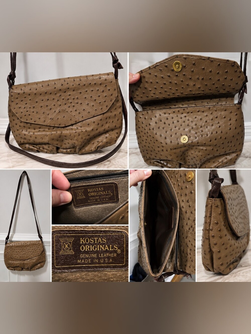 Vintage Kostas Originals Genuine Leather Ostrich Embossed Crossbody Bag